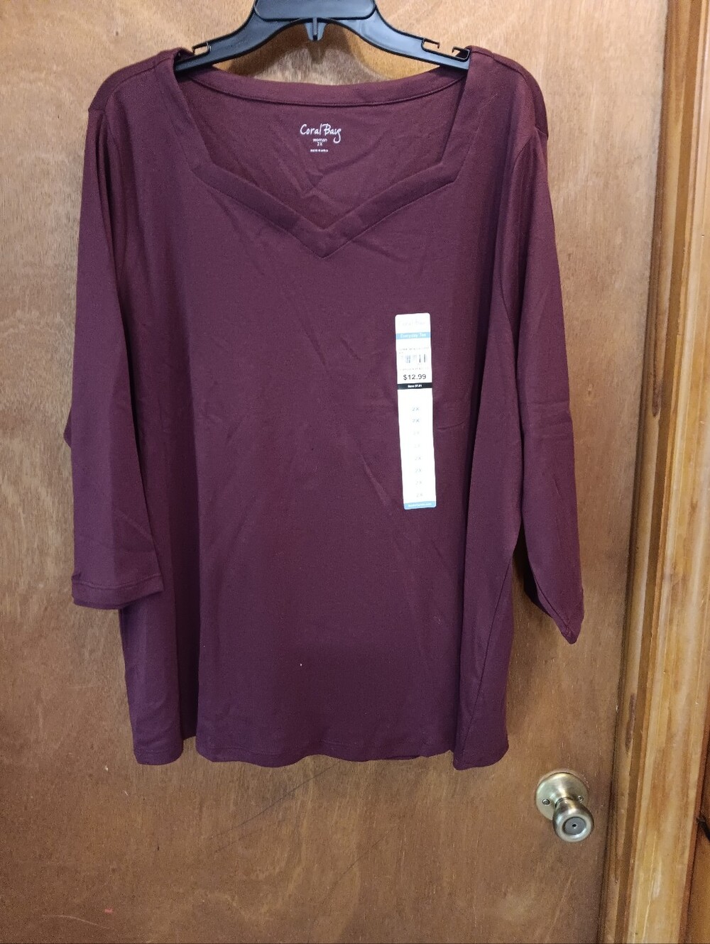 Coral Bay Women's Maroon V-Neck 3/4 Sleeve Top